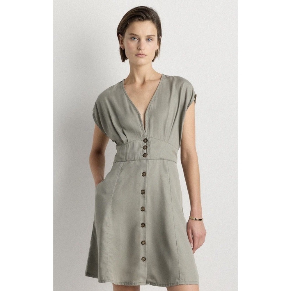 Quince Women Vintage Wash Tencel Button Front Dress Olive Basic Sleeved Large